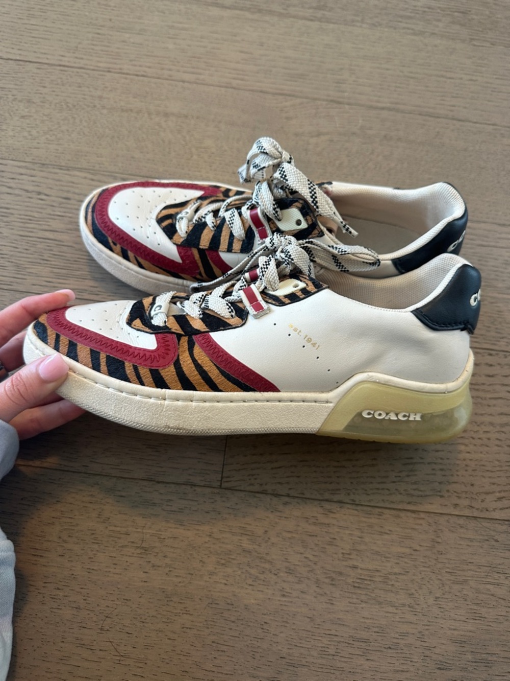 Coach White Sneakers with Tiger Stripe and Burgundy Accents - Picture 3 of 3